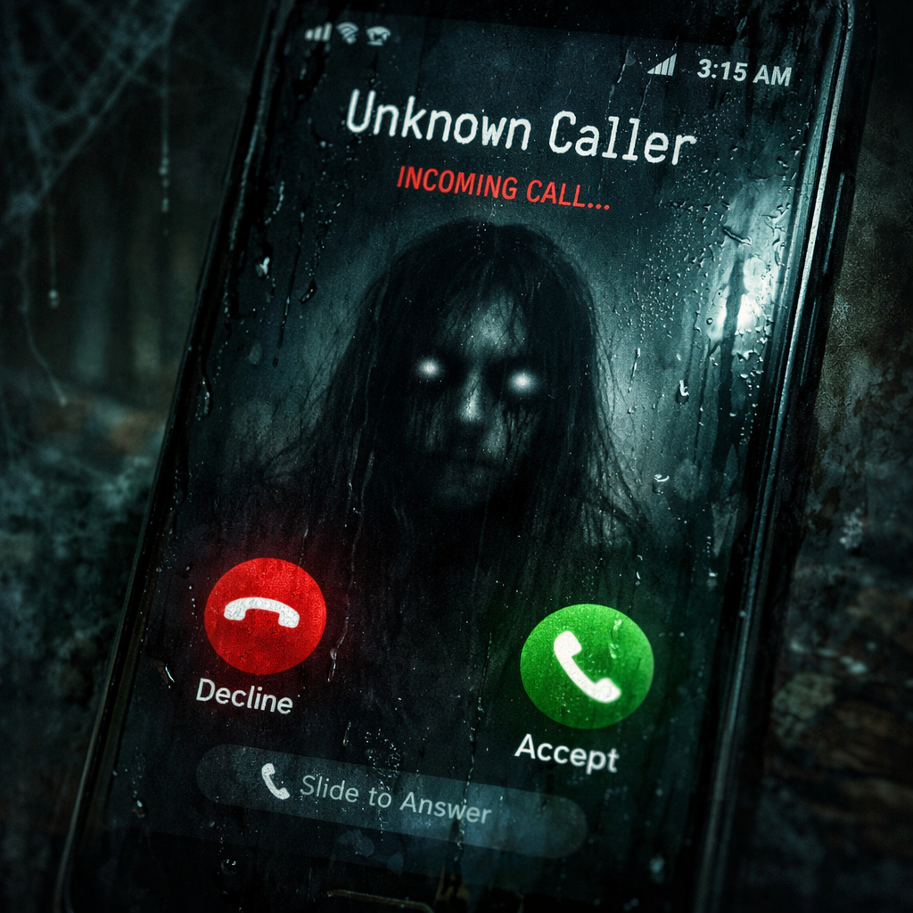 Phone screen showing incoming call from unknown caller with eerie figure